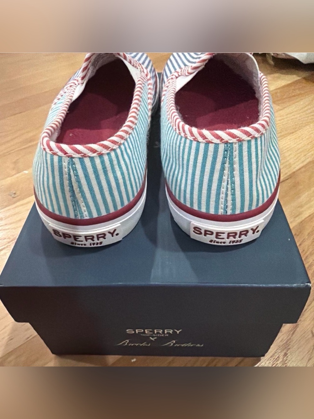 Brooks Brothers Navy & White Striped Slip-On Sneakers with Red Trim - Picture 2 of 4